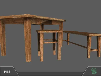 Wooden Bench Table Furniture Pack Free low-poly 3D model