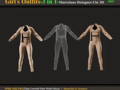 3 in 1 Girls Outfits- MD-Clo3d -OBJ - FBX -Materials-Textures 3D model