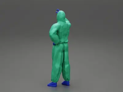 man wearing antivirus suit standing and holding 3D print model