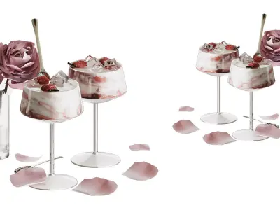 Romantic Strawberry Dessert and Rose Flower Set 3D model