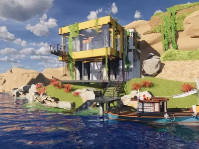 Futuristic Cyberpunk Building in the Sea Low-poly 3D model