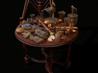 Medieval Props Messy Table Scene 3D Model Collection