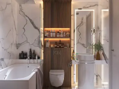Realistic Modern Luxury Marble-Wood Bathroom Interior 3D Model 3D model