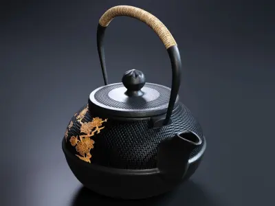 Oriental Iron Teapot - Black Green and Pink 3D model