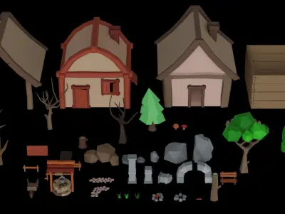 Low poly Nature assets for 3D games houses trees rocks road well Low-poly 3D model
