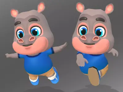  Hippo Animated Rigged Low-poly 3D model