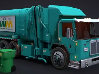 Garbage Truck and Trash Can Rigged C4D Low-poly 3D model