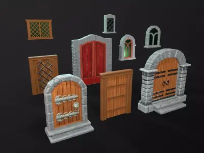 Medieval stylized doors and windows pack low poly PBR game asset Low-poly 3D model