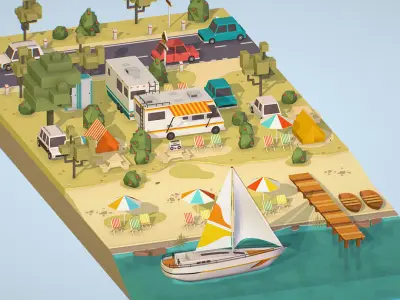 isometric camping big scene on the river Low-poly 3D model