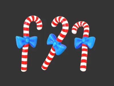Candy Cane 02 with Bow 3D Model Christmas Decor Low Poly  Low-poly 3D model