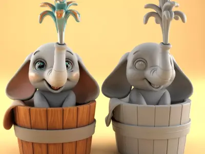 Cute Elephant in Bucket 3D Model STL File 3D print model