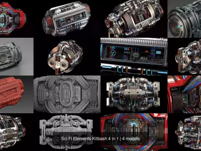 Sci Fi Elements Kitbash 4 in 1 3D Model Collection