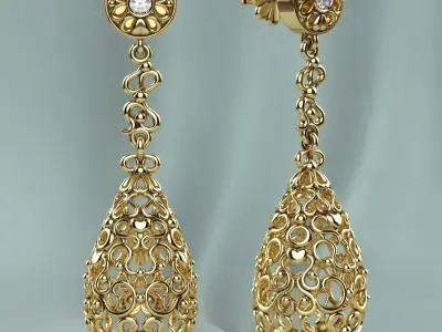 Gold Earrings With Diamonds 3D print model