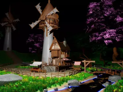 Stylized Windmill Village Game Ready Environment Unreal Engine  Low-poly 3D model