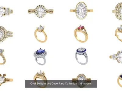 Oval Solitaire Art Deco Ring Collaction 3D Model Collection