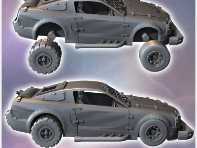 Post-apocalyptic Mustang car with improvised armor and front bum 3D print model