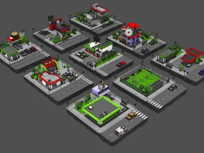 Cartoon Low Poly City - 9 Blocks Low-poly 3D model