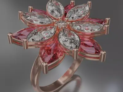 six leaf flower ring rose gold with gemstone 3D model jewelry 3D model