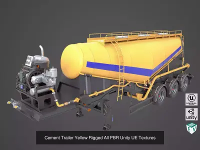 Cement Mixer and Trailer Yellow Rigged All PBR Unity UE Textures 3D Model Pack