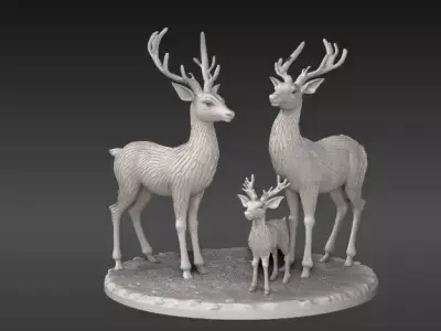 Winter Deer Family 3D Model Christmas Print-Ready Low-poly 3D model