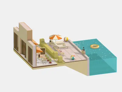 Summer Cafe Pizza Pool sun lounger Low-poly 3D model