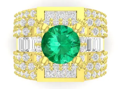 Luxury Triple Row Men Ring With Round Emerald Center  3733 3D print model