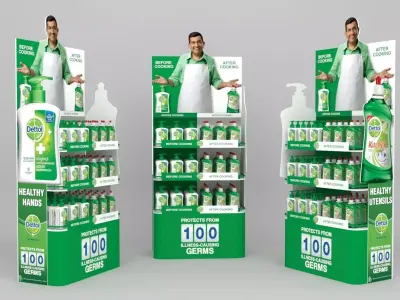 exterior three display stands with bottles of cleaning products Free low-poly 3D model
