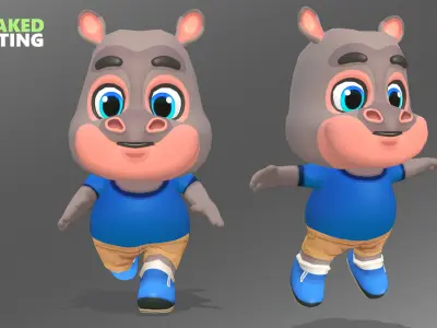  Hippo Animated Rigged Low-poly 3D model