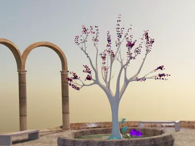 White tree with purple mushrooms with ancient arch composition  Free low-poly 3D model