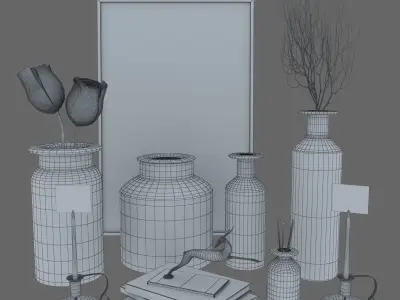 decorative set 5 gold and vases with butterflies 3D model