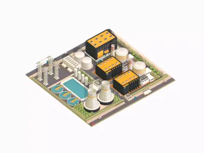 Isometric power station representing nuclear Low-poly 3D model