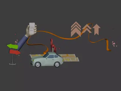 Cartoon Scene - Car Icon Map Hand Smartphone Direction Cursor AD Low-poly 3D model