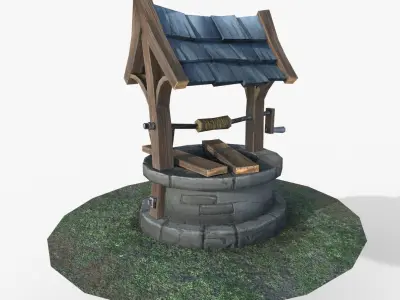 Well low poly water in middle of grassy area Low-poly 3D model