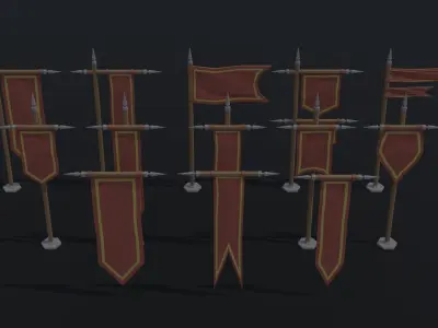 Cartoon medieval flags Polygonal Style Low-poly 3D model