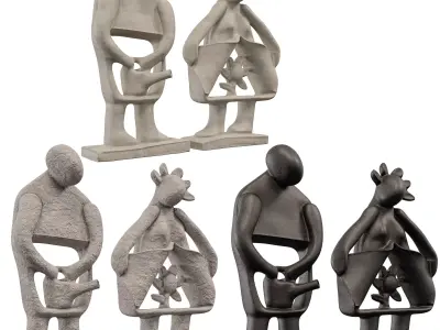 Stone Whimsical Couple Sculpture Set 3D model
