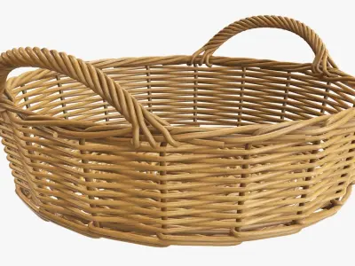 Wicker basket round with handle medium brown 3D model