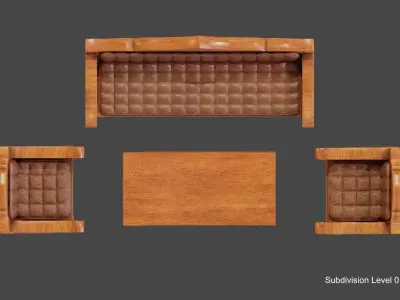Set of wood sofa in vintage style and leather cushions 3D model