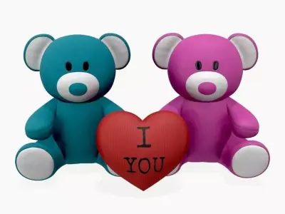 two teddy bear plush toys with heart 3D model