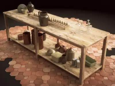 Vintage Wooden Kitchen Table 3D model