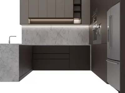 Luxury Minimalist Shaped Kitchen High-End 3D Interior Model 3D model