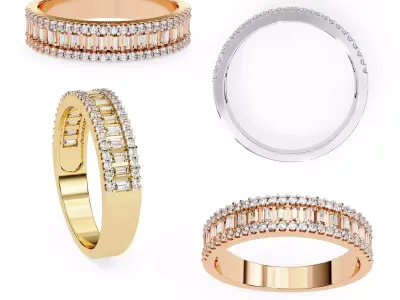 Luxury Baguette  Round Diamond Band Ring 3D Model STL  3D print model