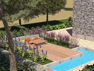 Modern Stone and Wood Luxury Villa with Pool full 3d scene Low-poly 3D model