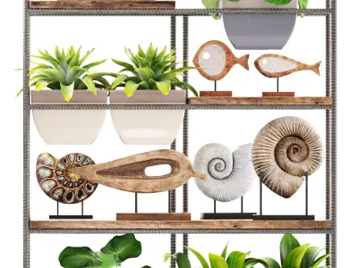 rack with the decor of figurines and plants 3D model