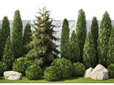Garden with thuja cypress pine and topiary plant 1381 3D model