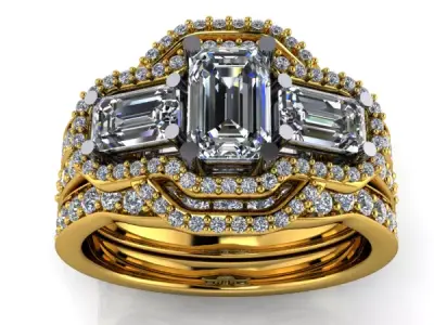 Modern Halo 3 Emerald Cut Stone Anniversary bridal set Rings 3D print model