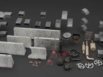 Street road debris and decorations moodular asset pack Low-poly 3D model