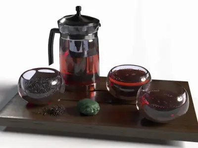 Tea Set pot and glasses on wooden tray 3D model