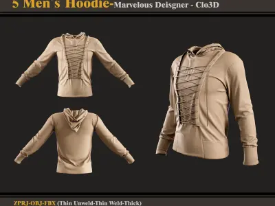 5 Men Hoodie -Md-Clo3D -ZPRJ - FBX - OBJ 3D model