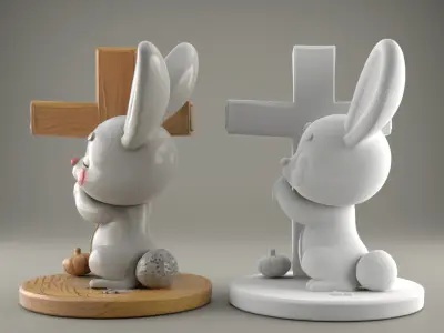 Easter Cute Bunny Hugging a Cross  playful  symbolic 3 3D print model