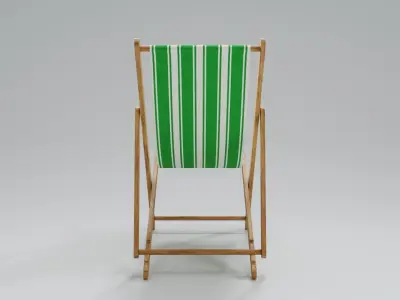 Wooden Folding Beach Chair with Green and White Striped Seat 3D model